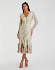 Gold Multicolor Faux Wrap Long Sleeve Tea Length Dress - FINAL SALE