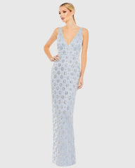 Blue Embellished Sleeveless V Neck Gown