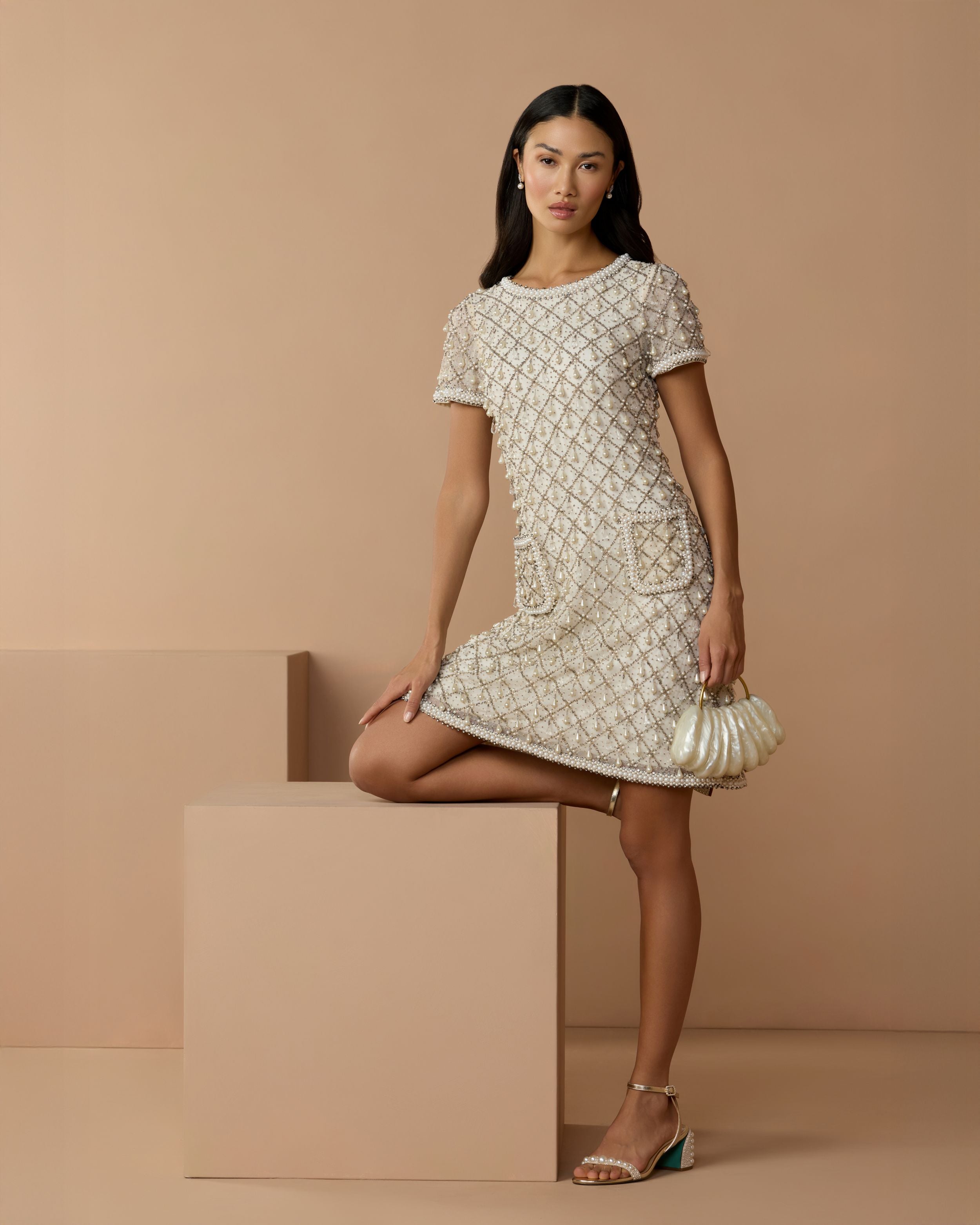 Ivory Pearl Embellished Short Sleeve Mini Dress