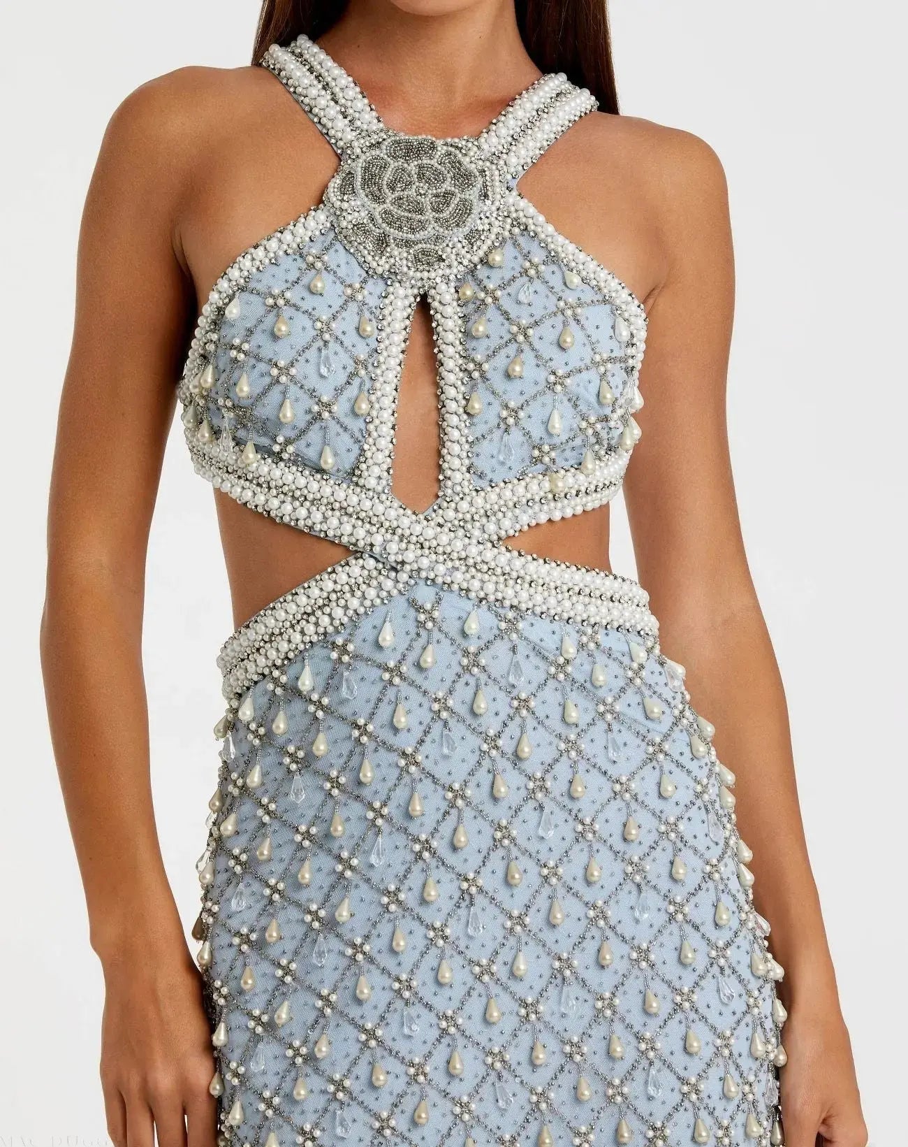 Blue Pearl Embellished Open Back Gown