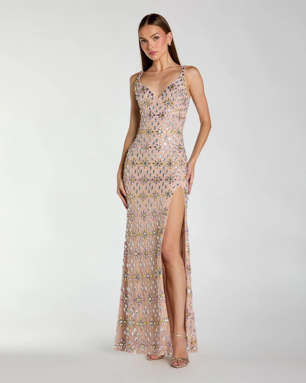 Beige Embellished V Neck Column Gown With Slit