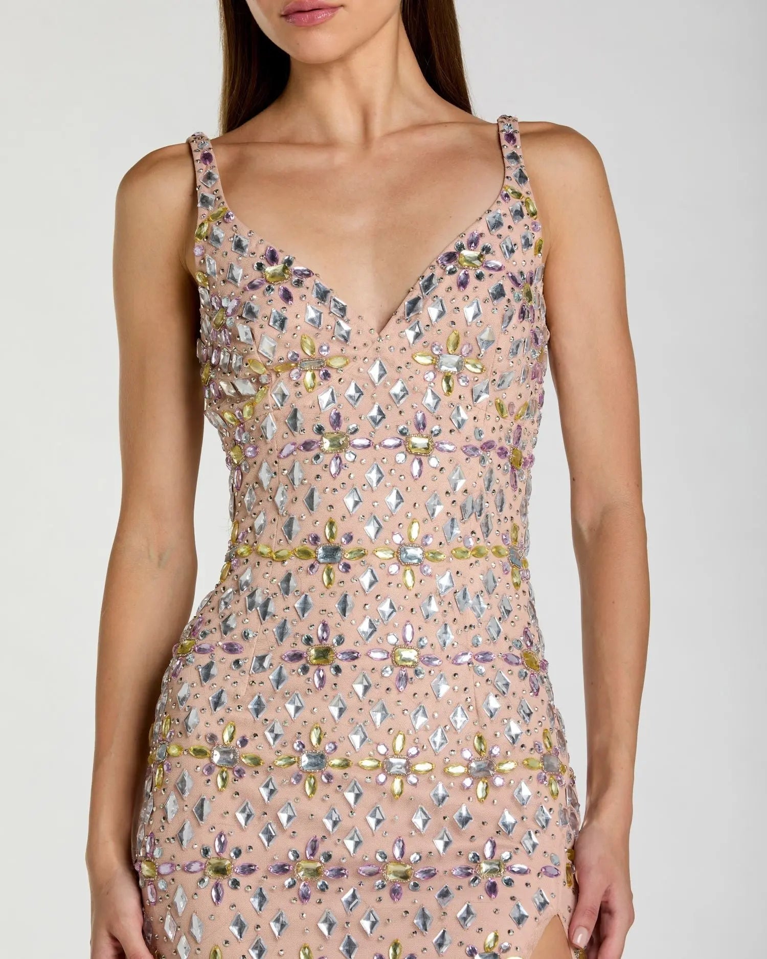 Beige Embellished V Neck Column Gown With Slit