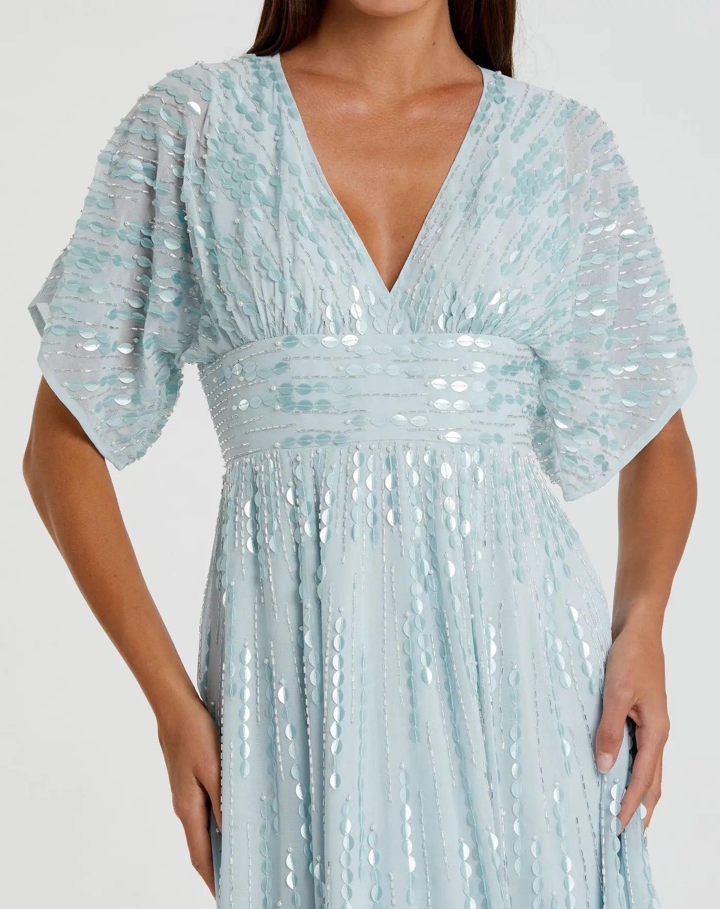 Blue Embellished V Neck Evening Gown