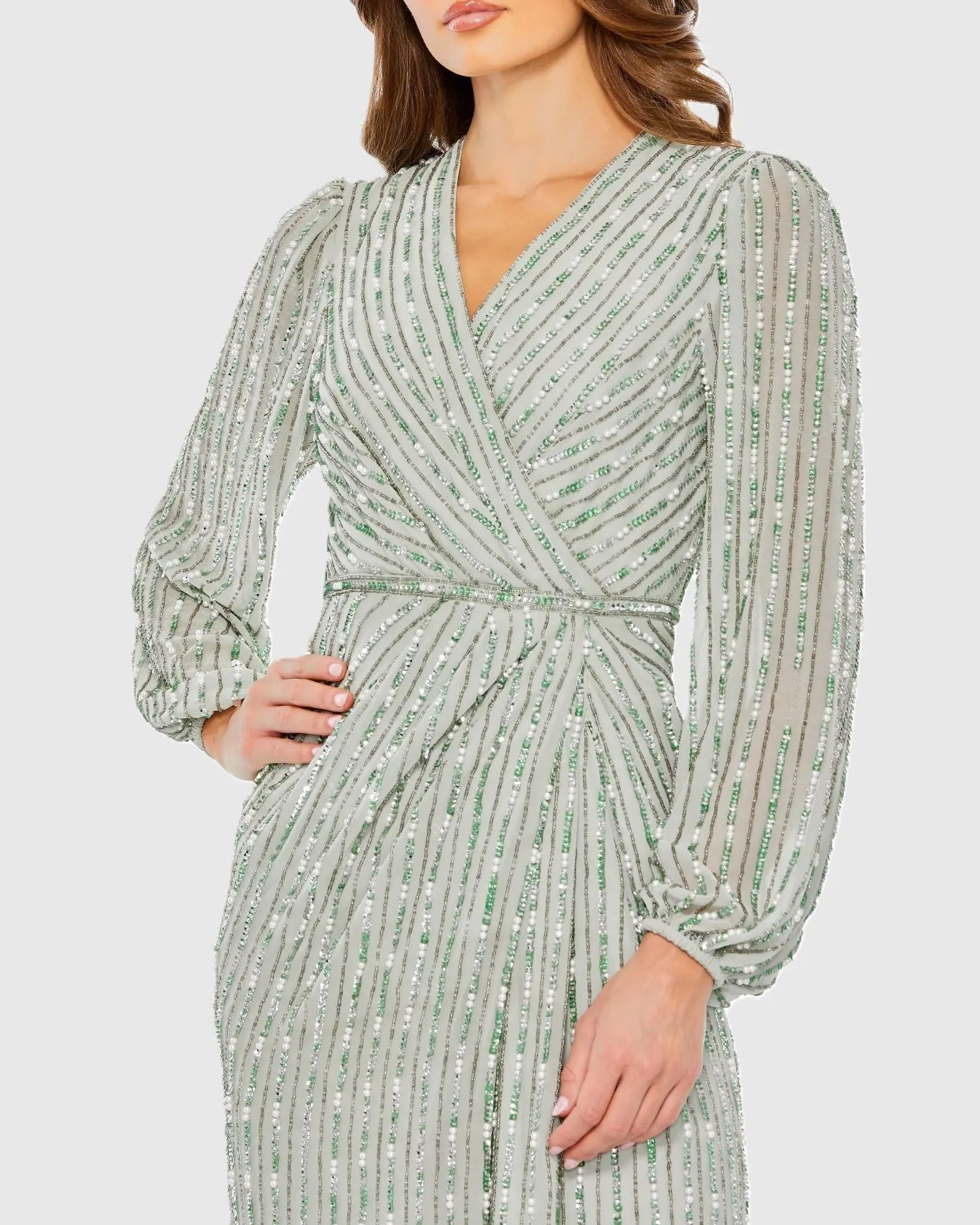 Green Beaded Bishop Sleeve Wrap Gown