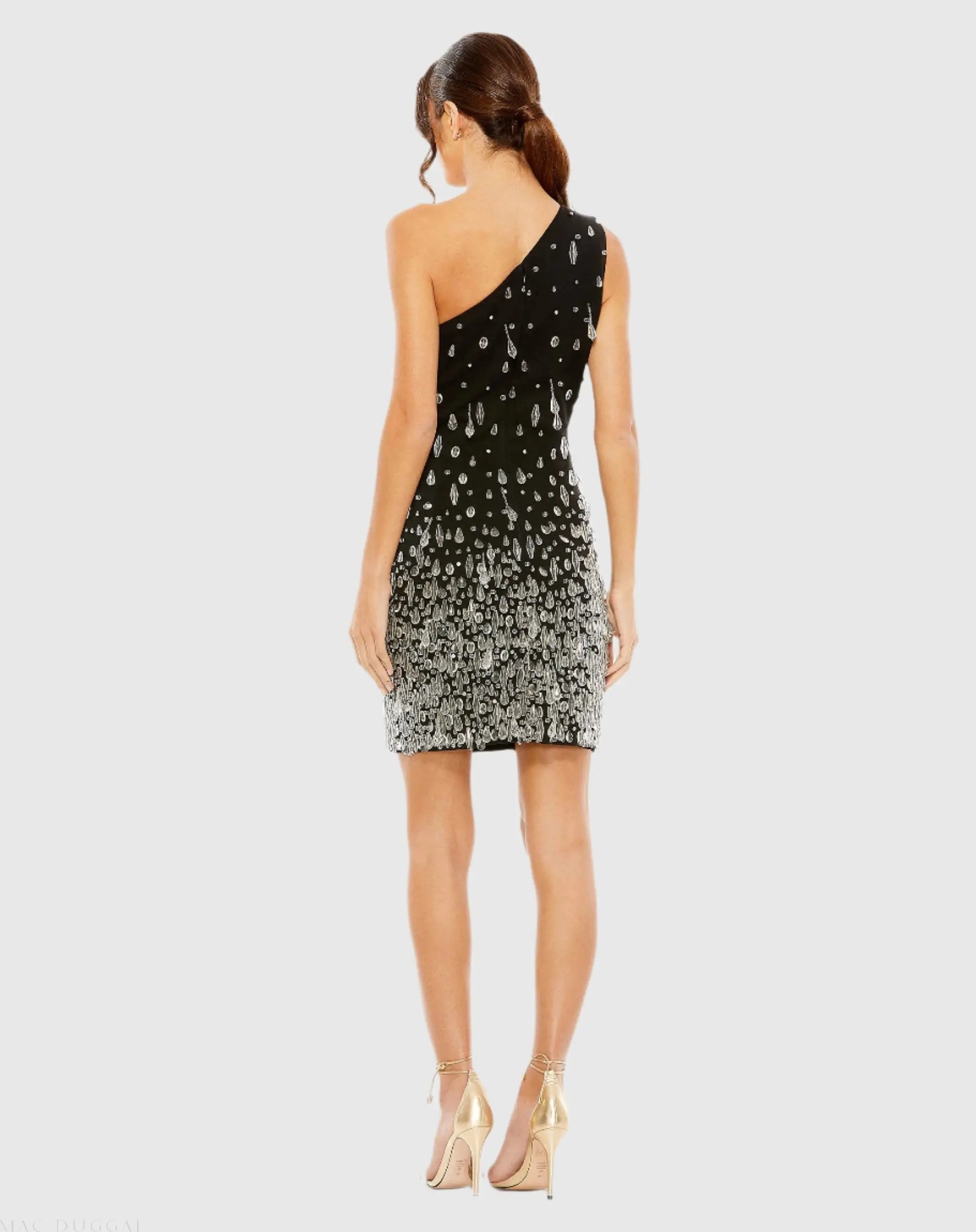 Black One Shoulder Crystal Drop Dress