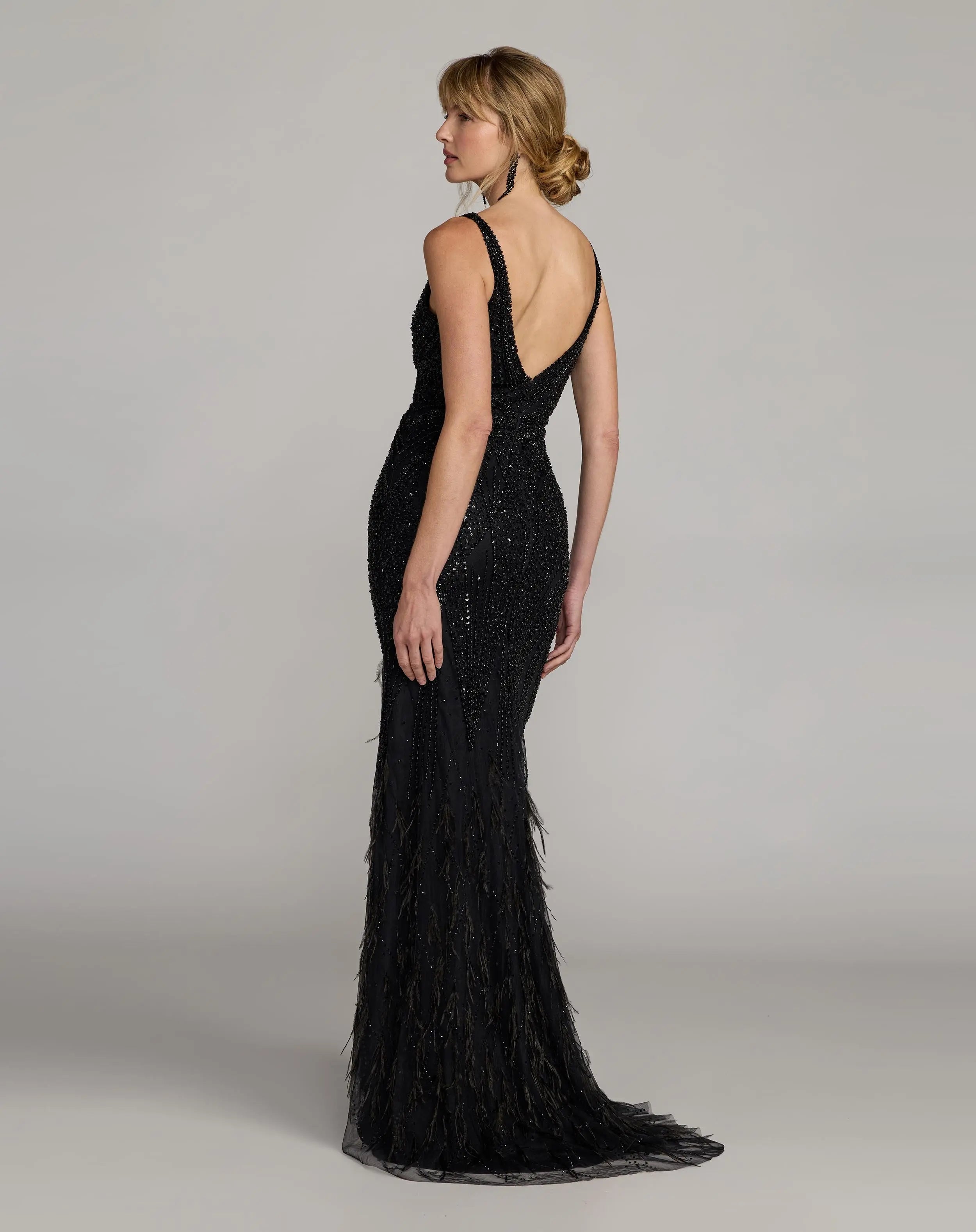 Black Embellished V-Neck Gown With Feather Hem