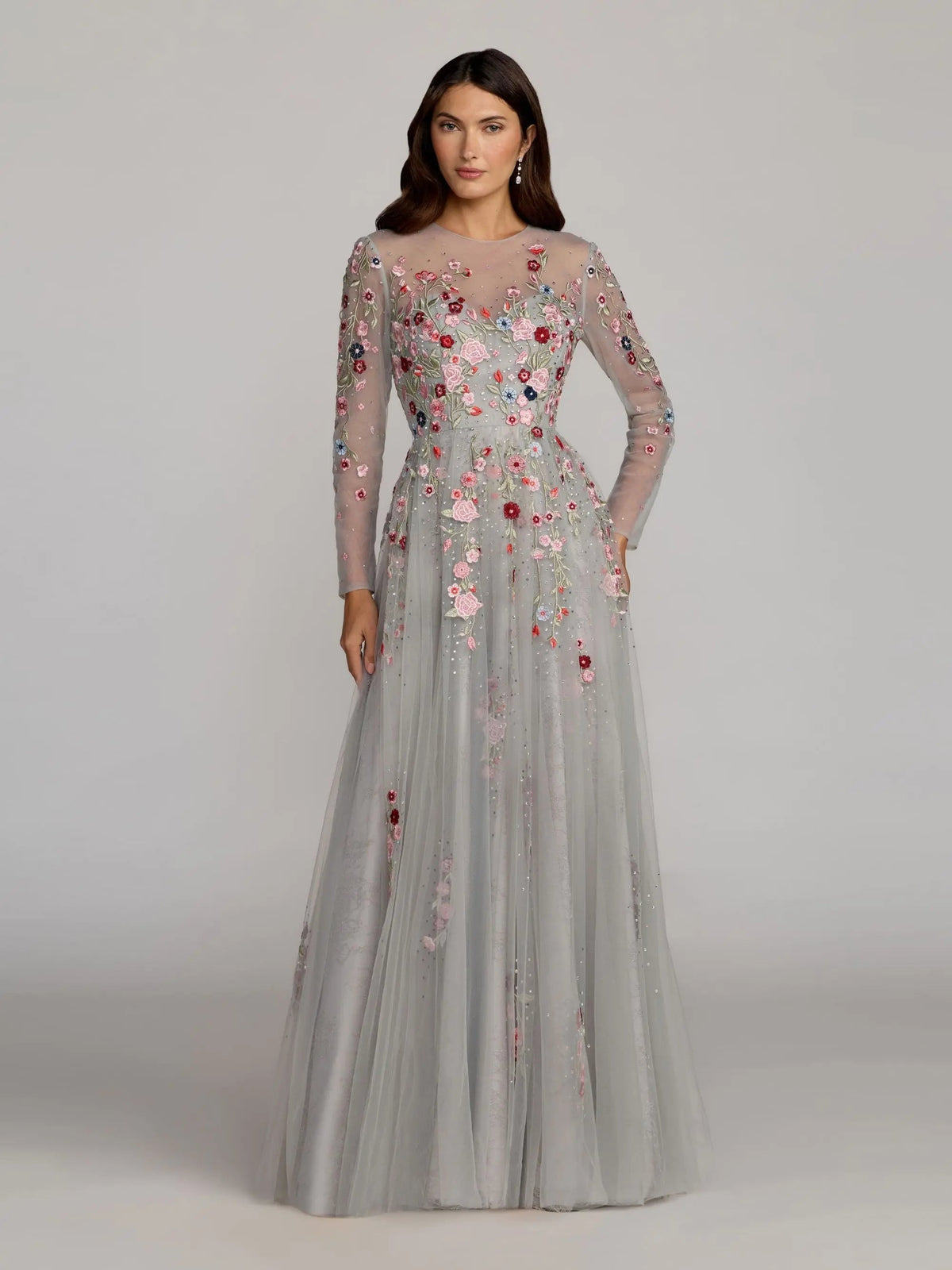 Gray Embroidered Illusion High Neck Long Sleeve A Line Gown