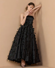 Black Strapless Feather Embellished Satin A-Line Dress