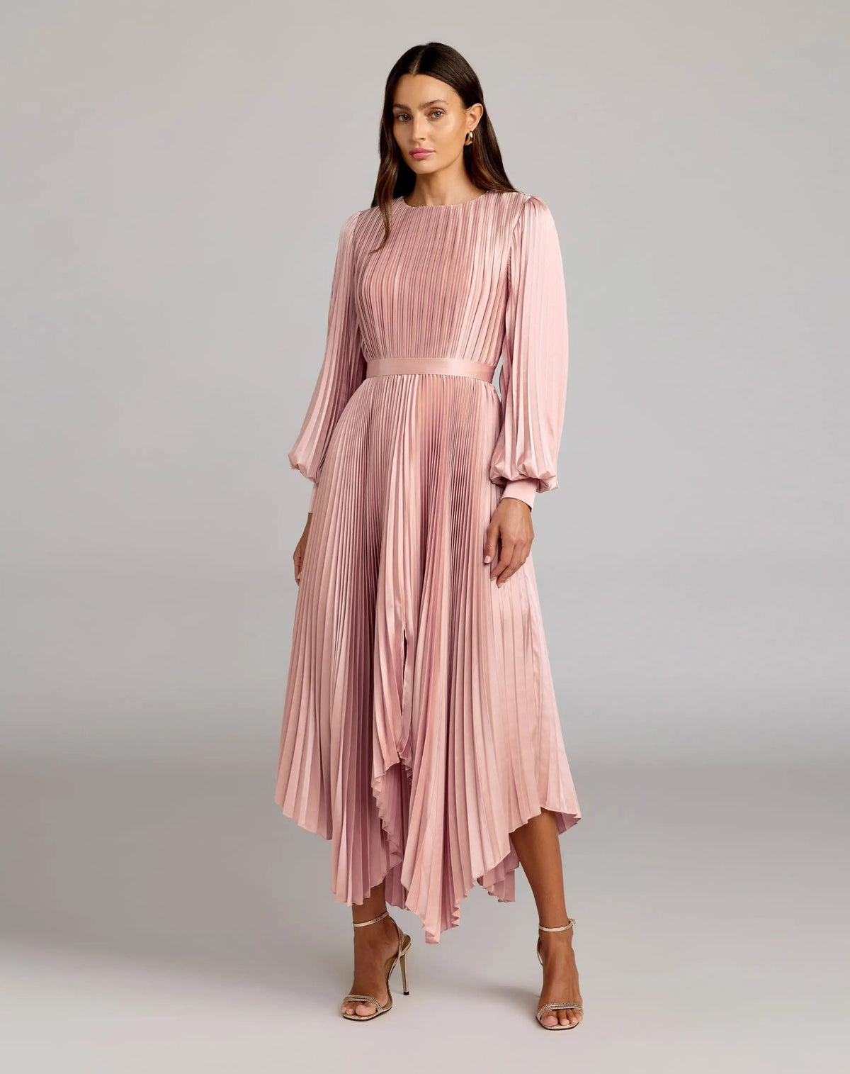 Pink Long Sleeve Pleated Charmeuse Handkerchief Dress