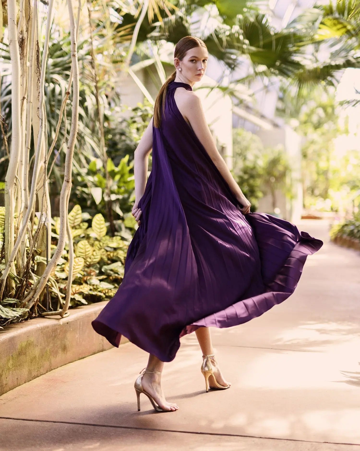 Purple Pleated Halter Neck High Low Gown
