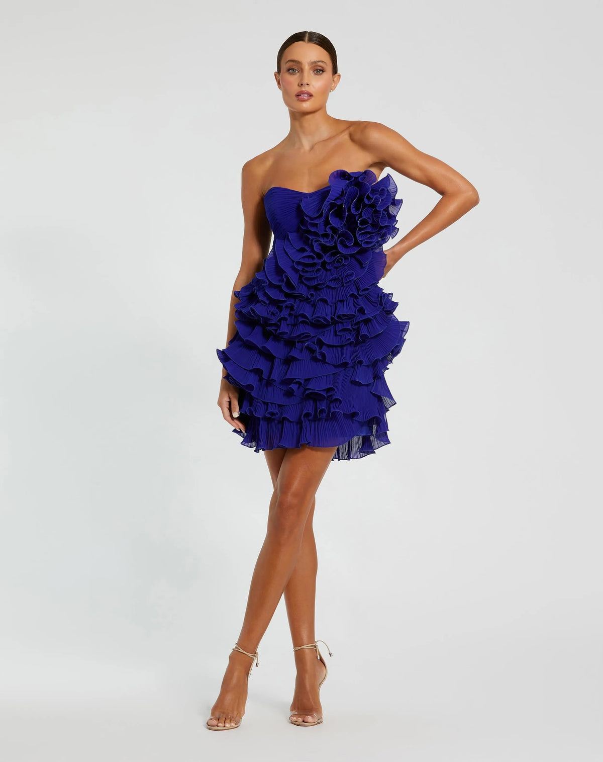 Blue Strapless Tiered Ruffle Mini Dress