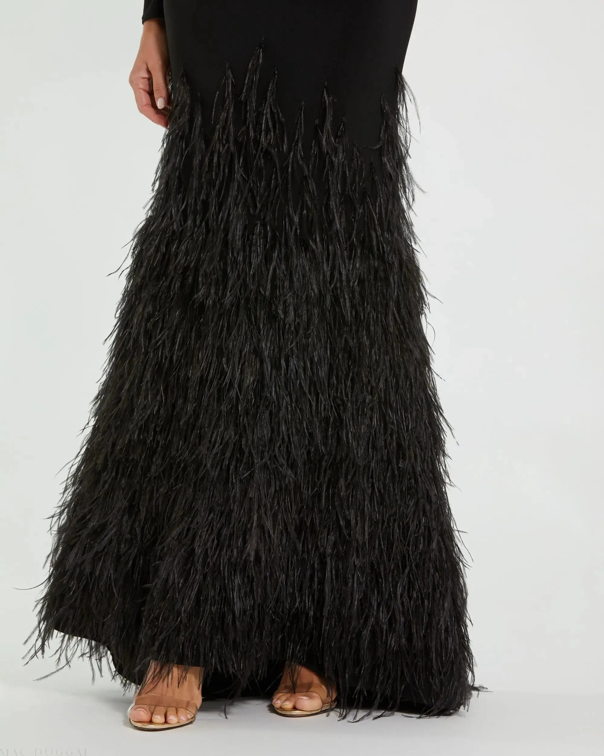 Black Long Sleeve High Neck Feather Trim Gown