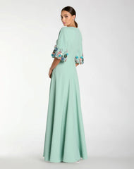 Green Crepe 3/4 Sleeve A-line Gown With Flower Trim
