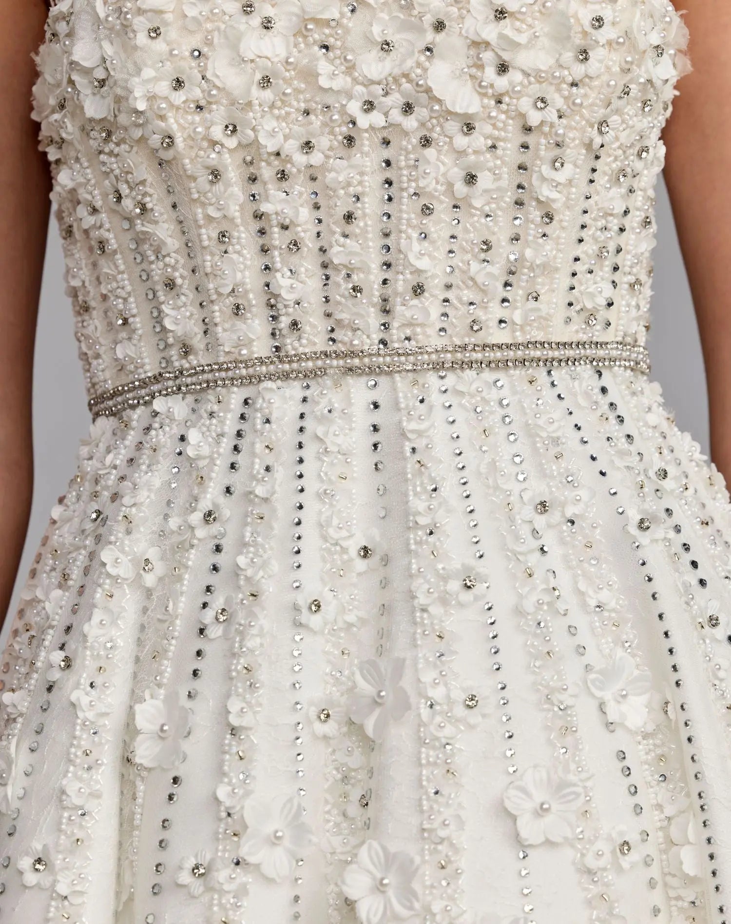 White Floral Embellished Strapless A-Line Midi Dress