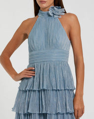 Blue Metallic Halter Neck Ruffle Gown With 3D Flower