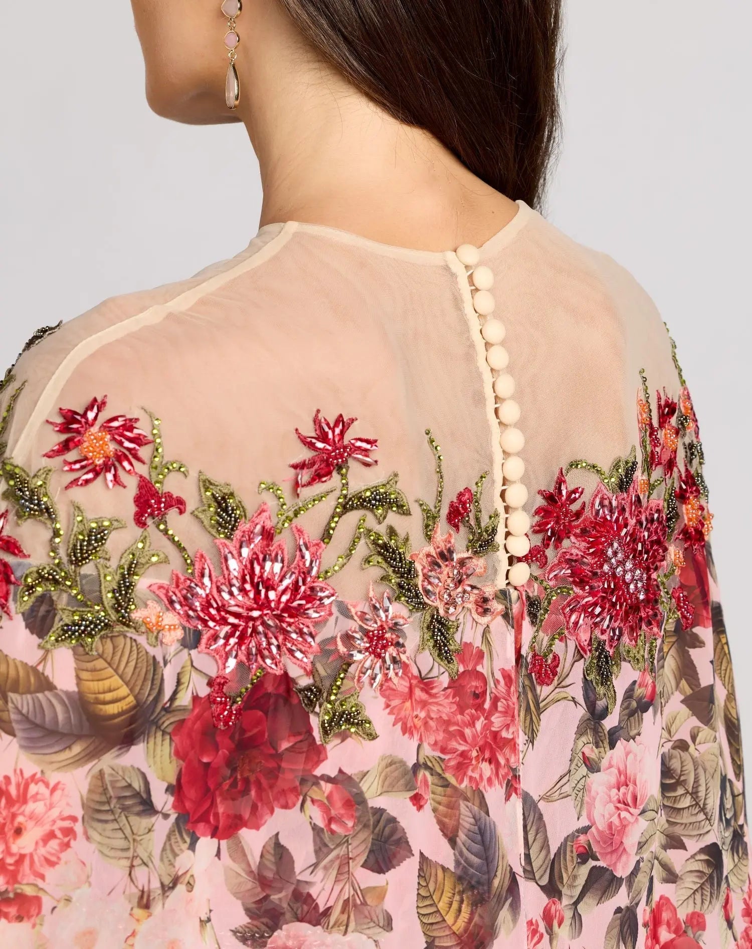 Multicolor Floral Printed Chiffon High Neck Cape Gown