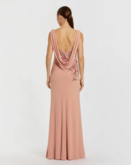 Pink Sleeveless Jersey Cowl Neck Gown With Beading