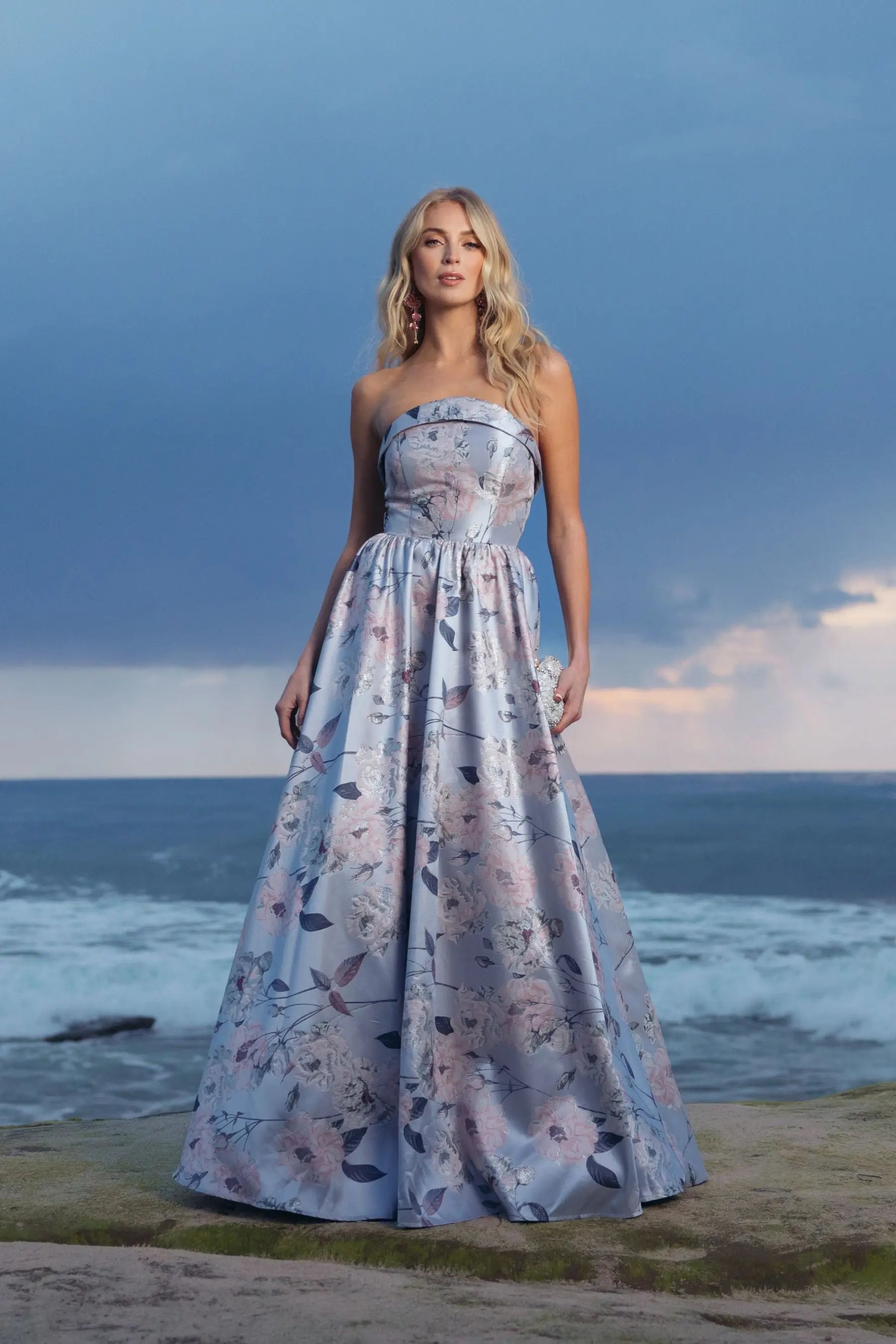 Blue Floral Brocade Strapless Ball Gown
