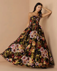 Multicolor One Shoulder Floral Velvet Ball Gown