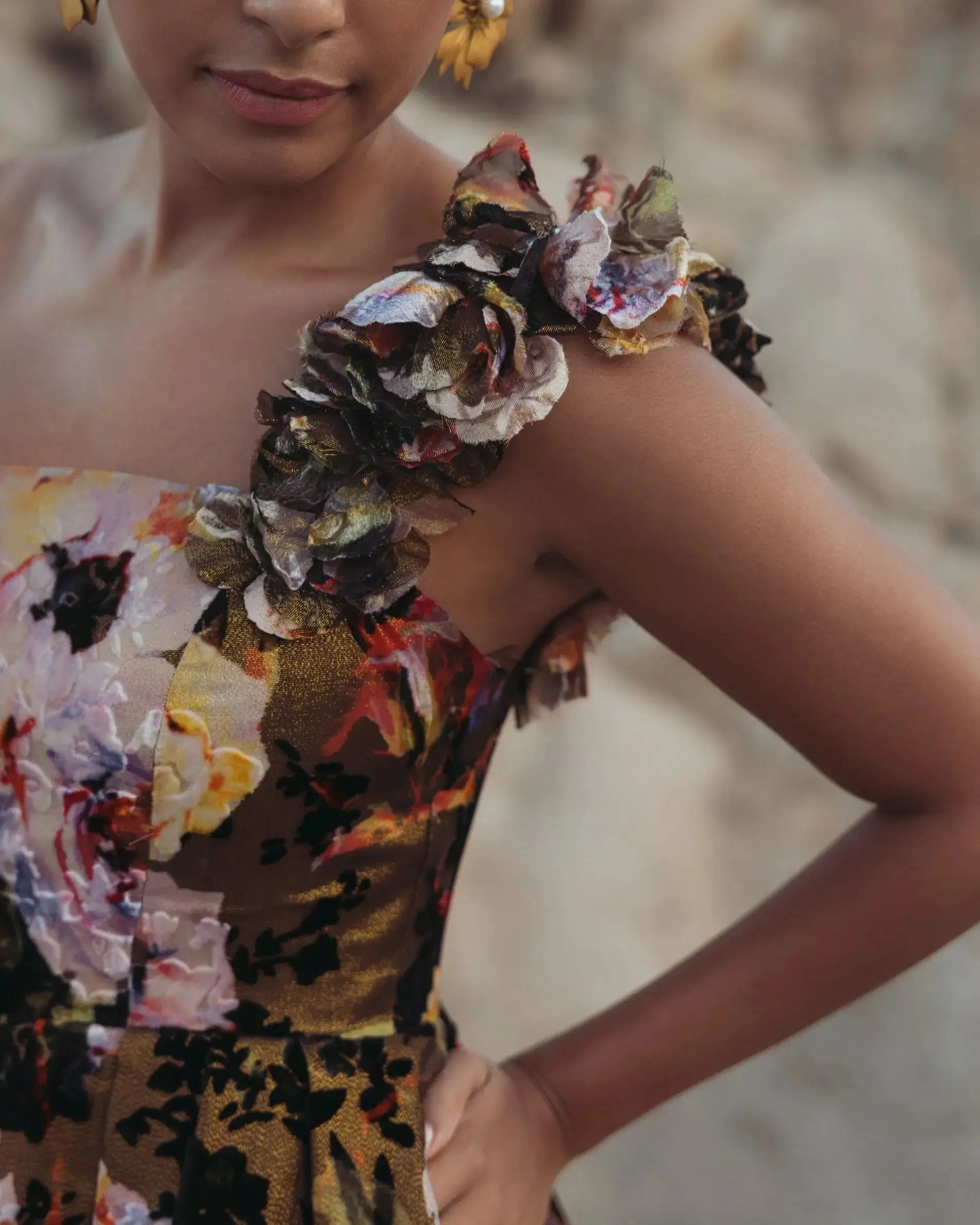 Multicolor One Shoulder Floral Velvet Ball Gown