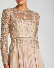 Beige Long Sleeve Chiffon Embellished Gown
