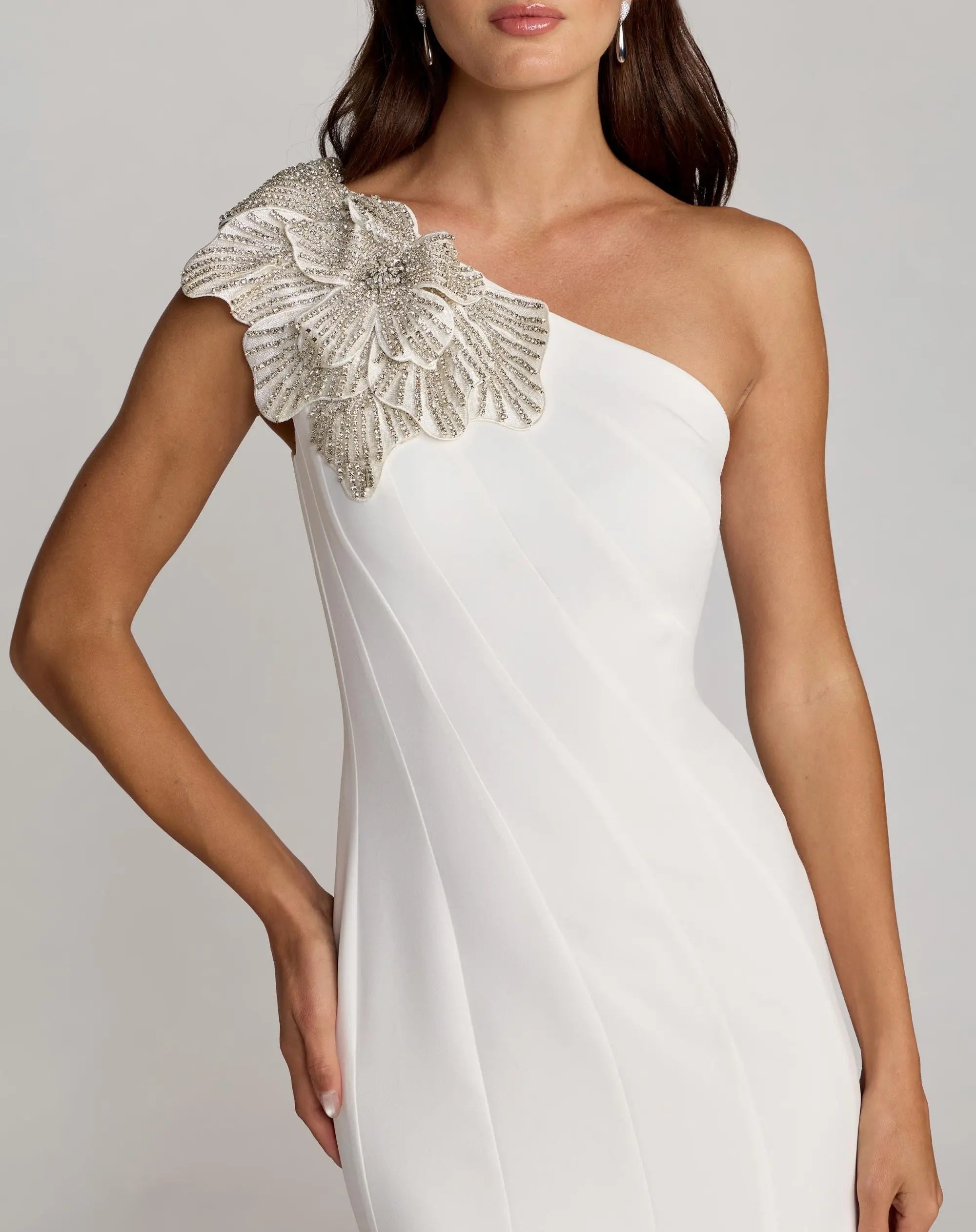 White Crepe One Shoulder Midi Dress with Flower