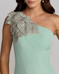 Green Crepe One Shoulder Midi Dress With Flower