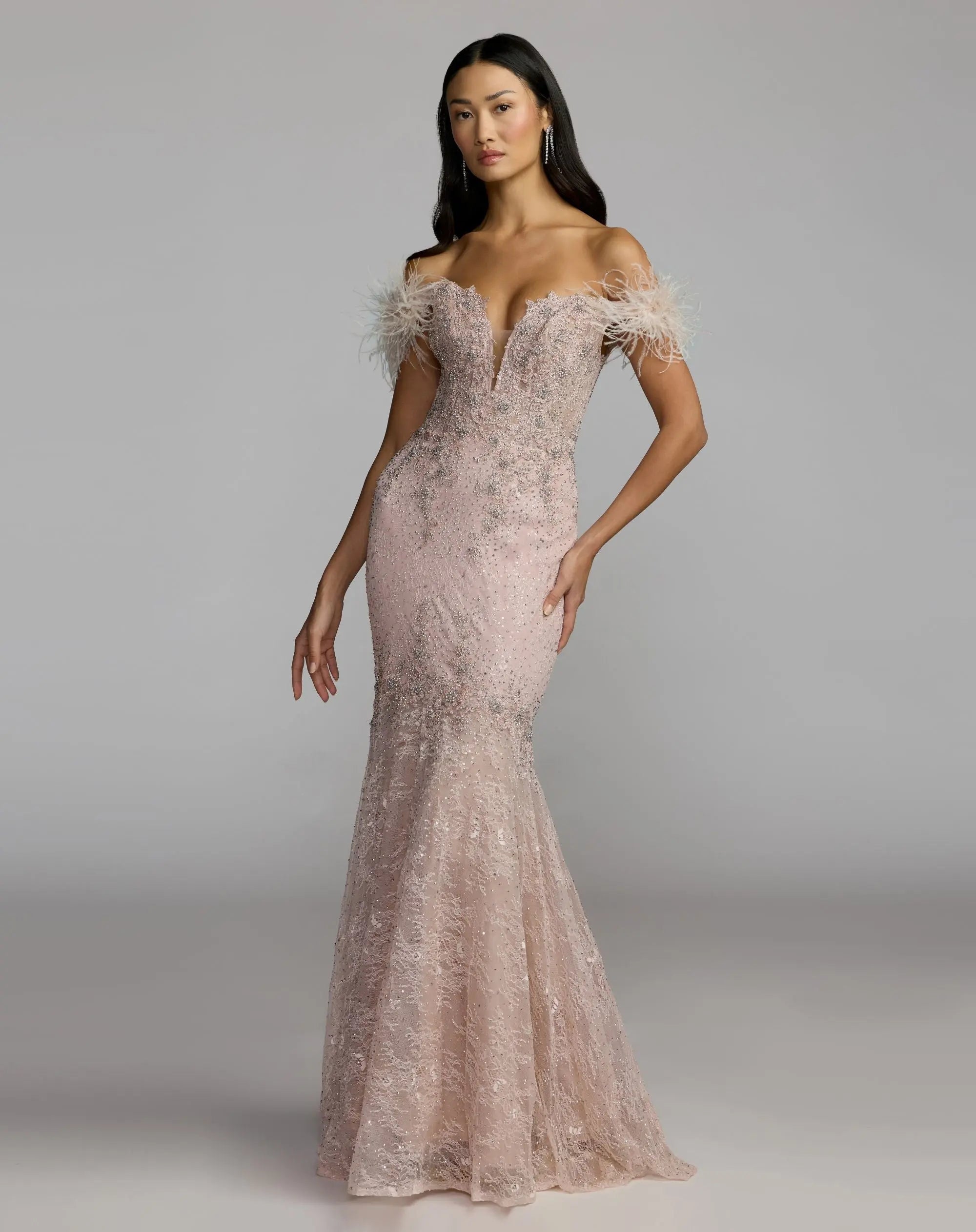 Pink Off The Shoulder Embellished Lace Feather Trim Gown