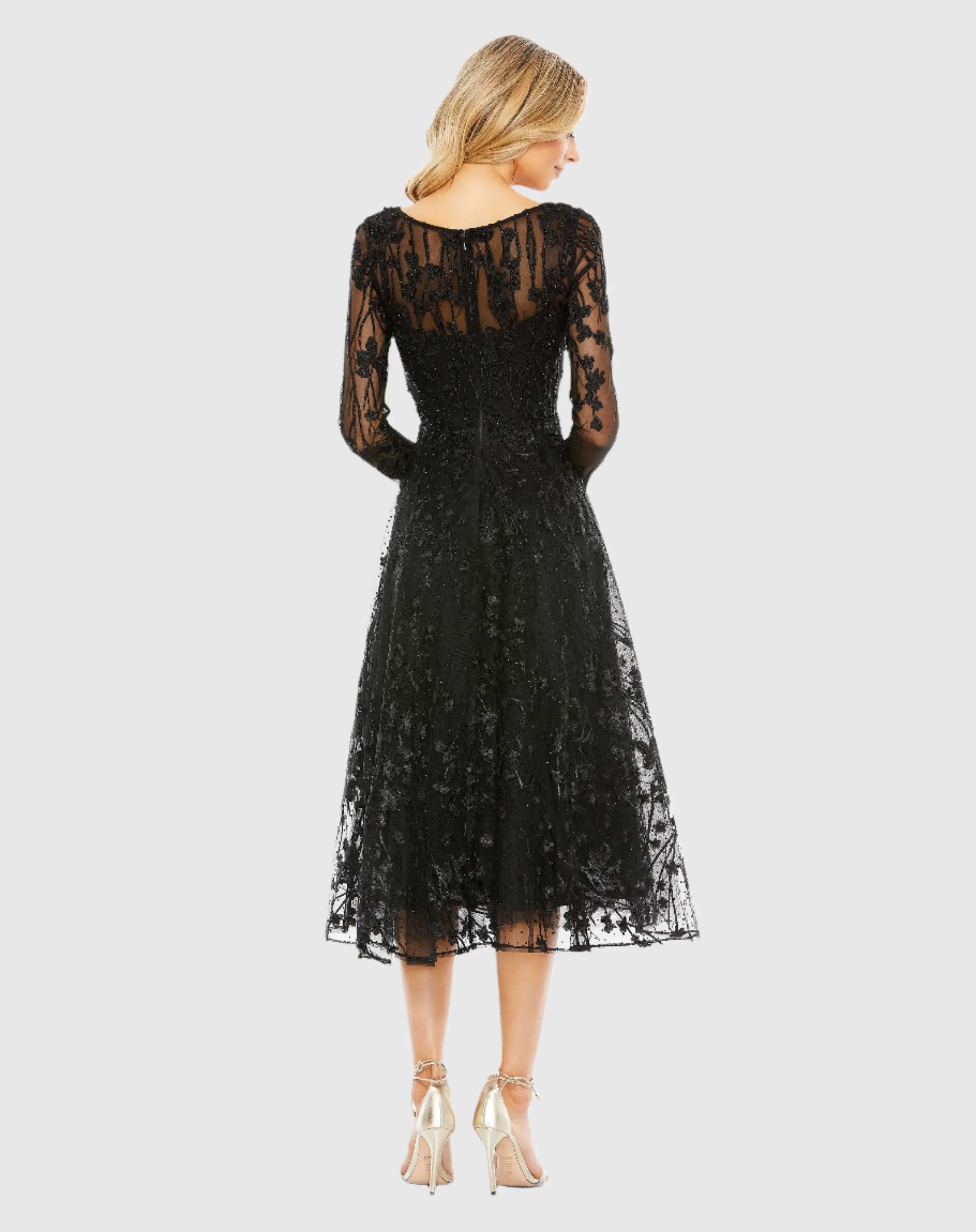 Black Embellished Floral Long Sleeve Dress