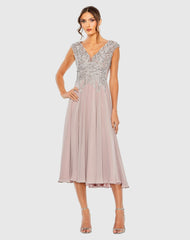 Purple Embroidered Chiffon A-Line Midi Dress