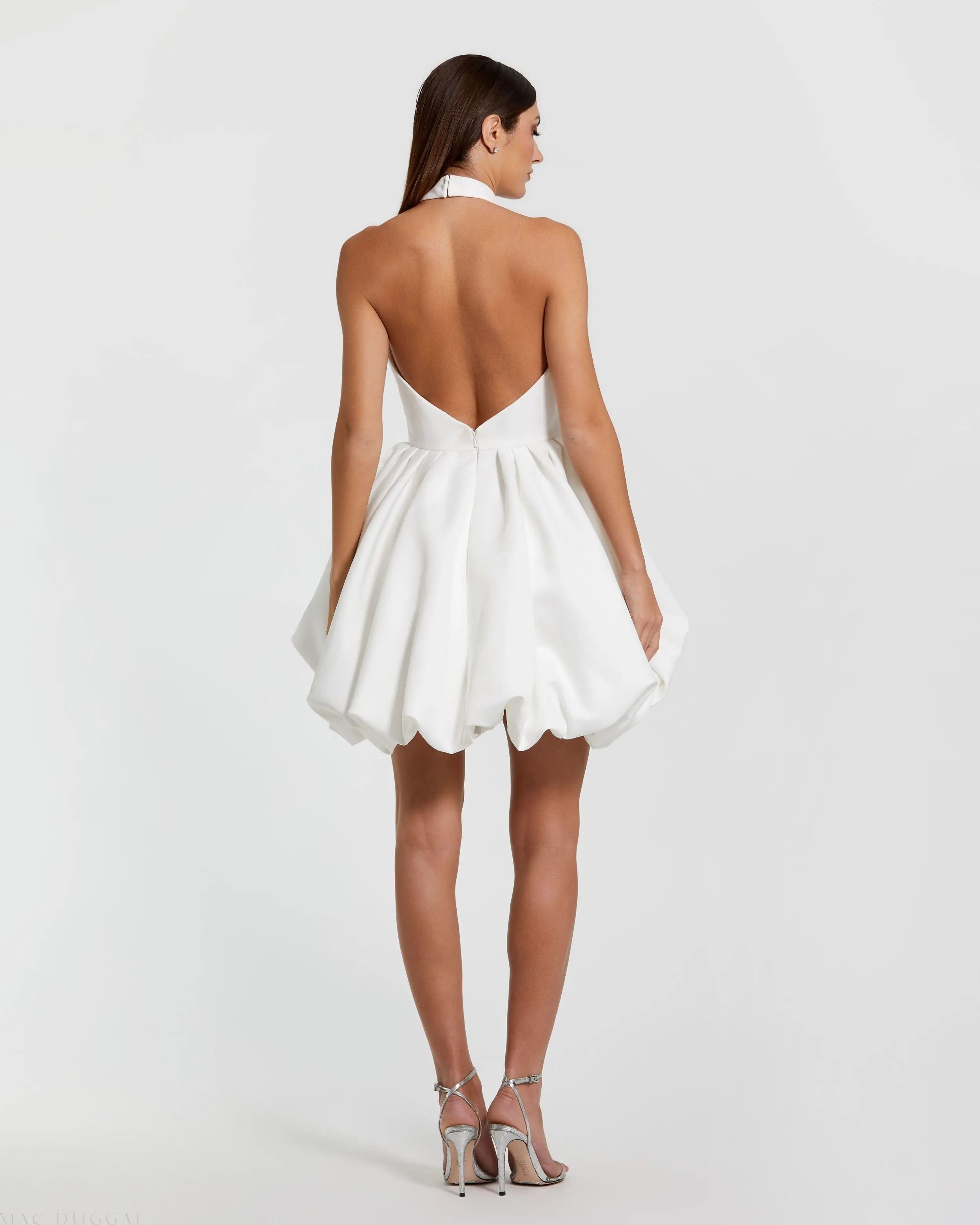 White Satin Bubble Hem Backless Mini Dress