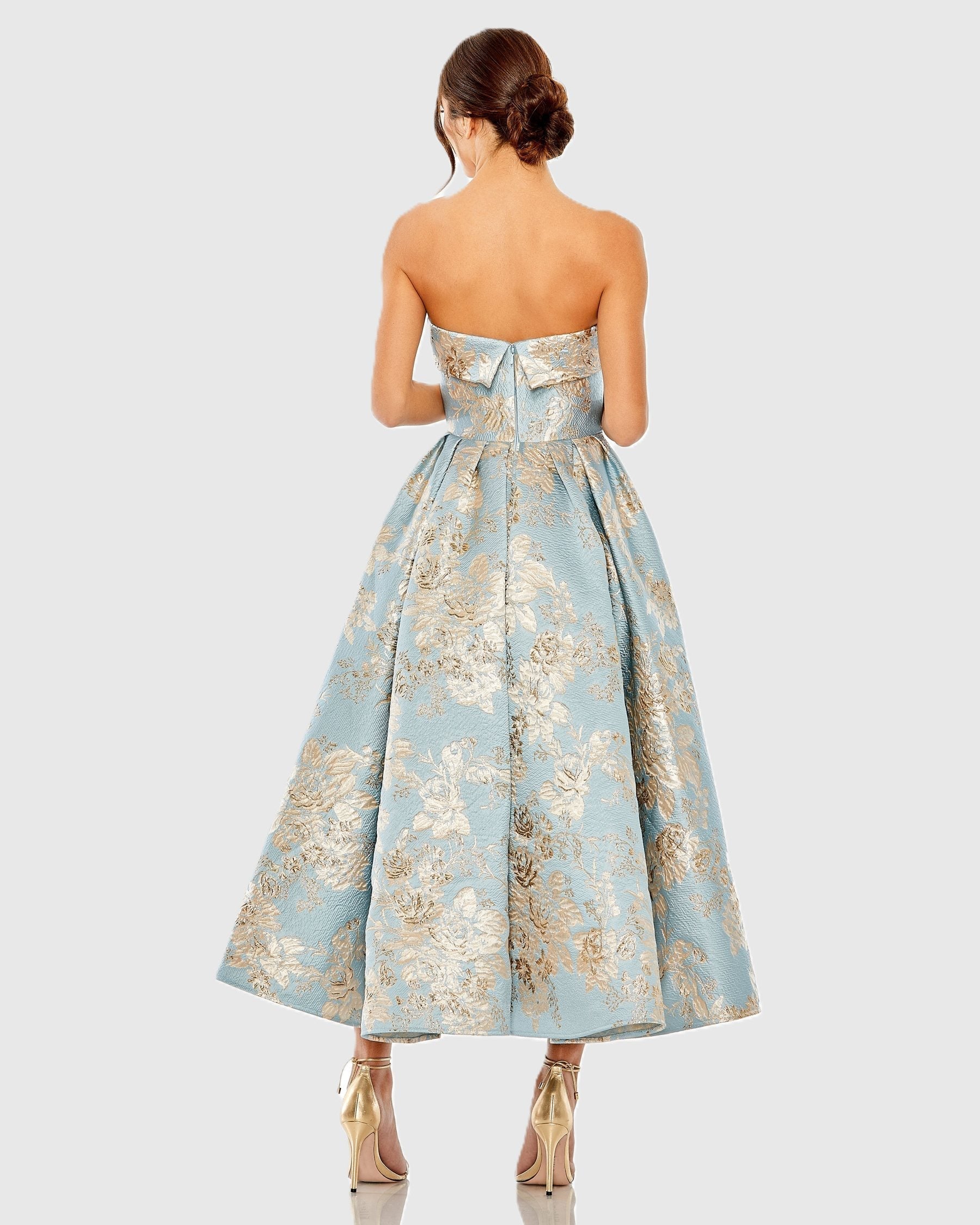 Light Blue Strapless Brocade Midi Dress With Pockets