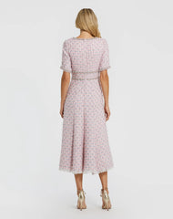 Pink Short Sleeve Beaded Trim Boucle Midi Dress