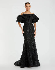Black Embellished Mermaid Gown With Off The Shoulder Ruffle