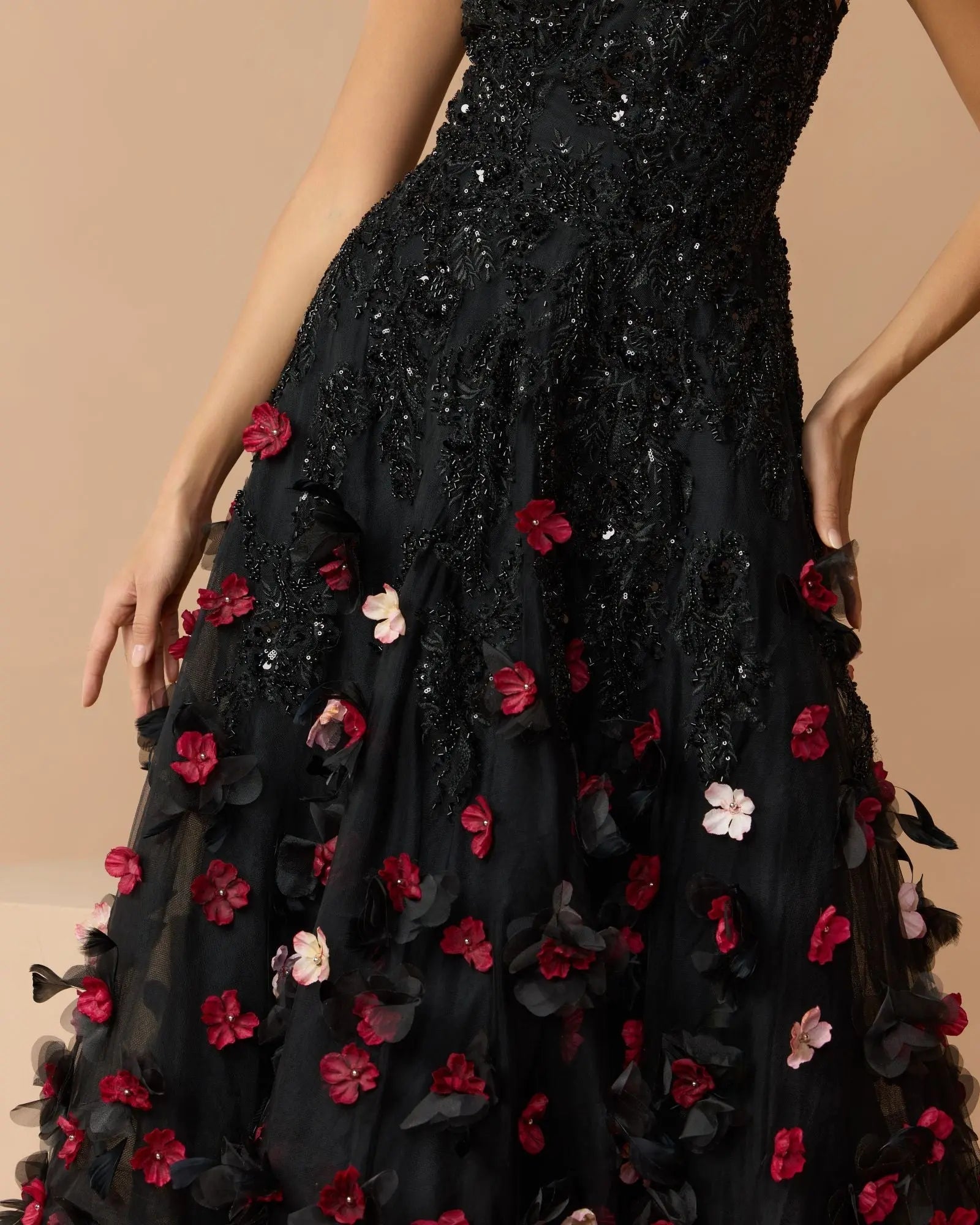 Black Sleeveless Beaded Midi Dress With 3D Flowers