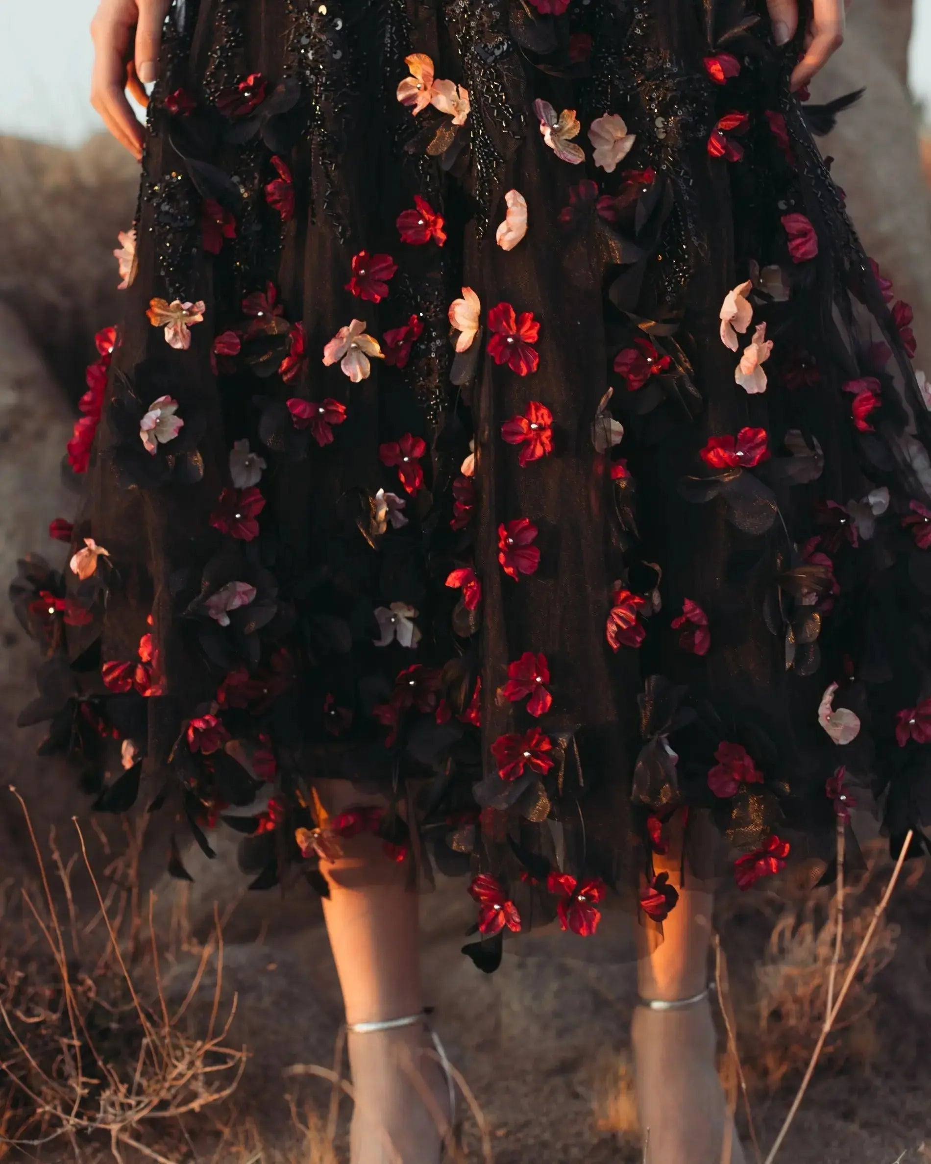 Black Sleeveless Beaded Midi Dress With 3D Flowers