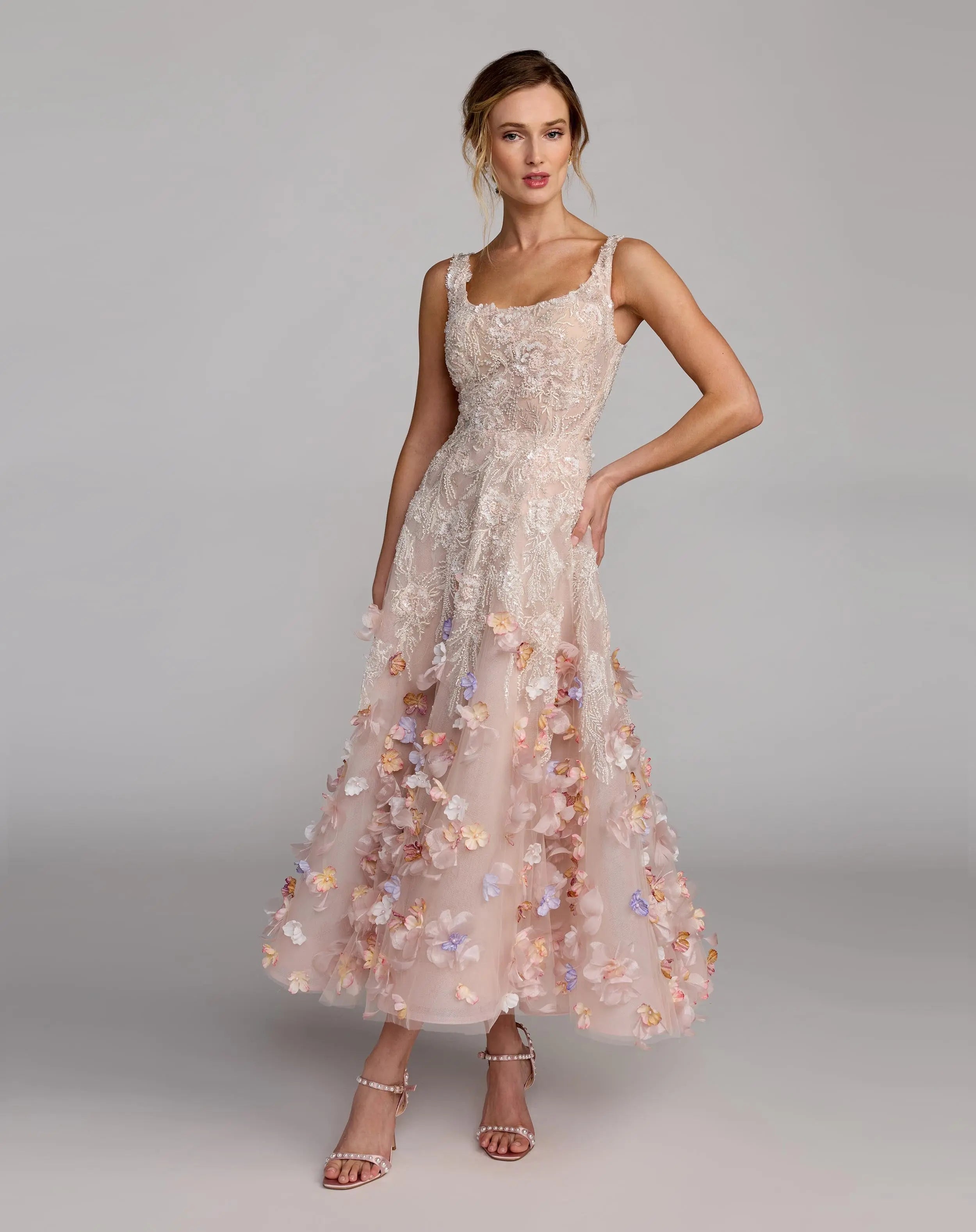 Pink Sleeveless Beaded Midi Dress With 3D Flowers