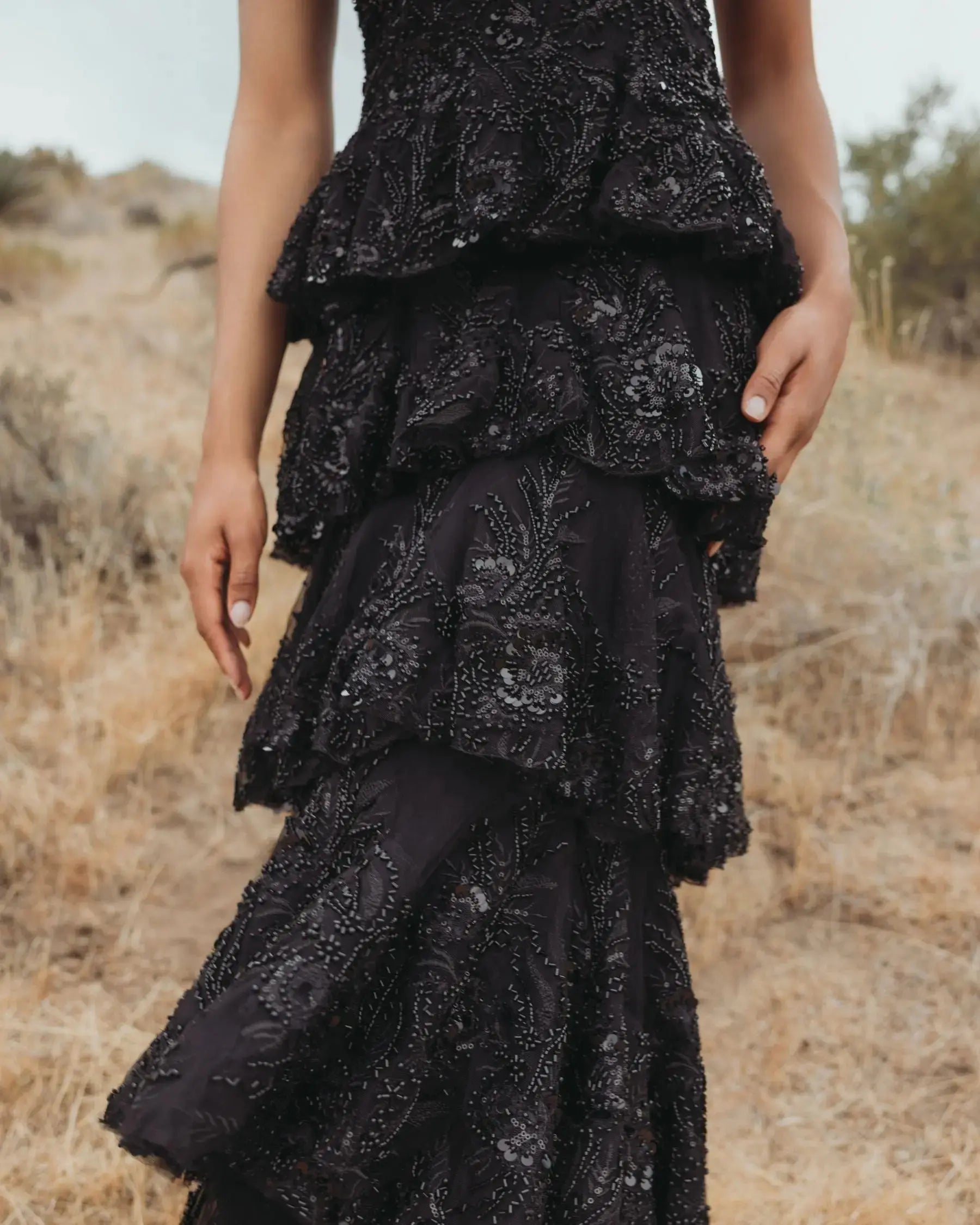 Black Embellished High Neck Gown With Tiered Ruffle Skirt
