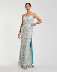 Blue Strapless Sweetheart Embellished Gown With Bow