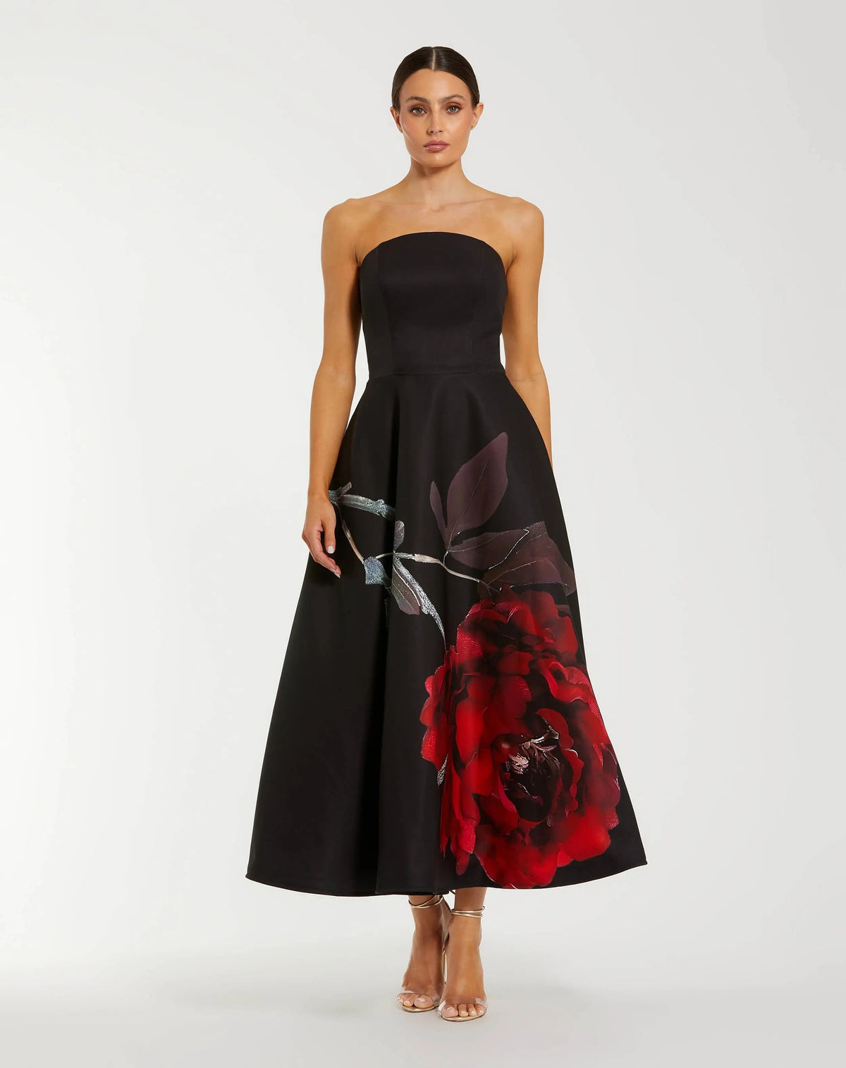 Black Satin Printed Strapless Midi Dress With Pockets
