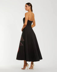 Black Satin Printed Strapless Midi Dress With Pockets