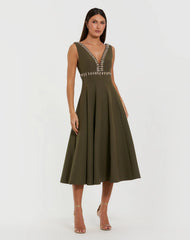 Green Rhinestone Embellished Crepe A Line Midi Dress