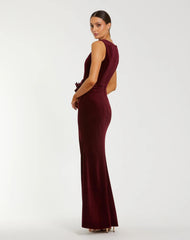 Red High Neck Velvet Column Gown With 3D Flowers