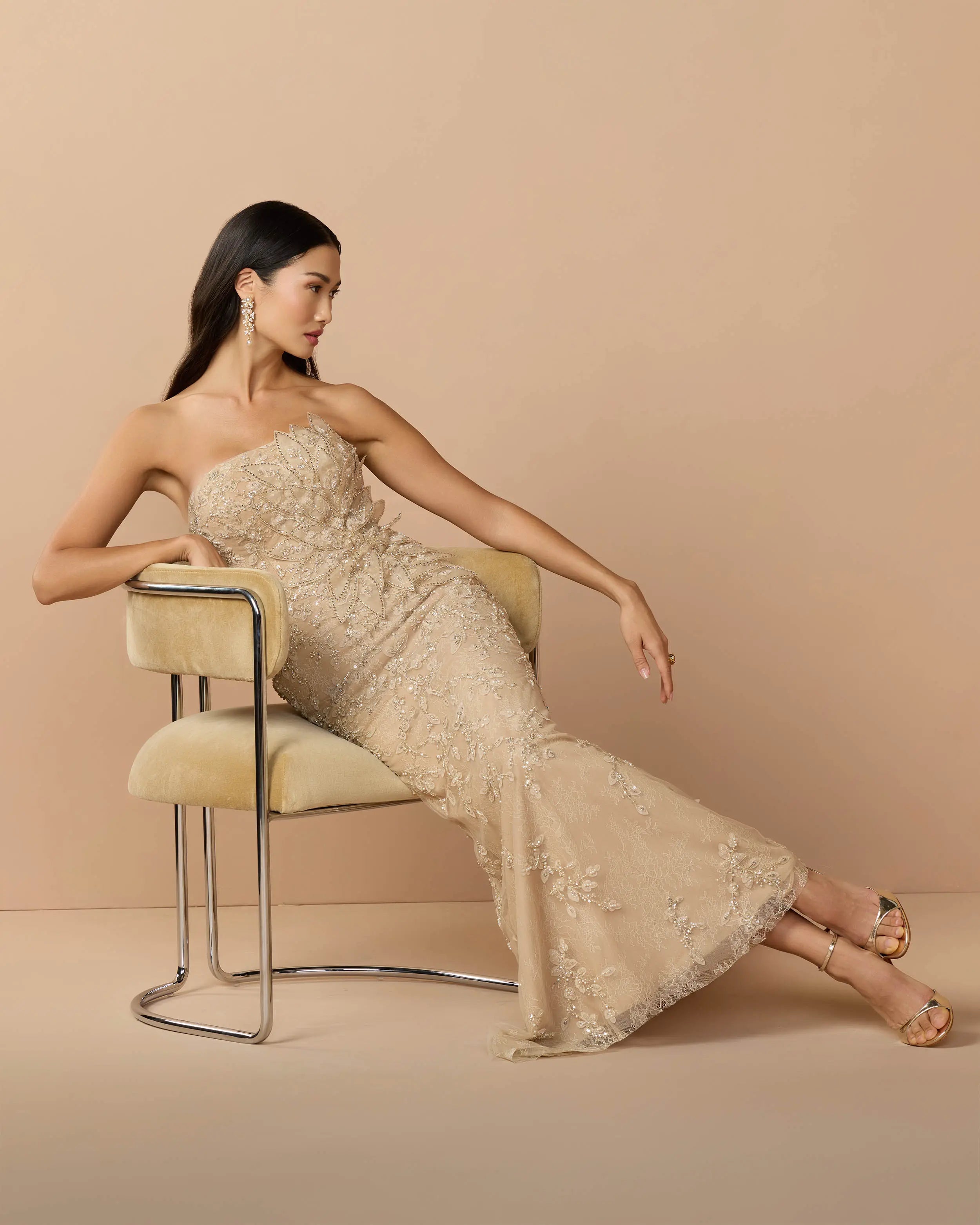 Beige Strapless Embellished Lace Gown with 3D Flower
