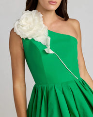 Green Bubble Hem Mini Dress With 3D Flower