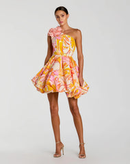 Multicolor One Shoulder Bubble Hem Faille Mini Dress