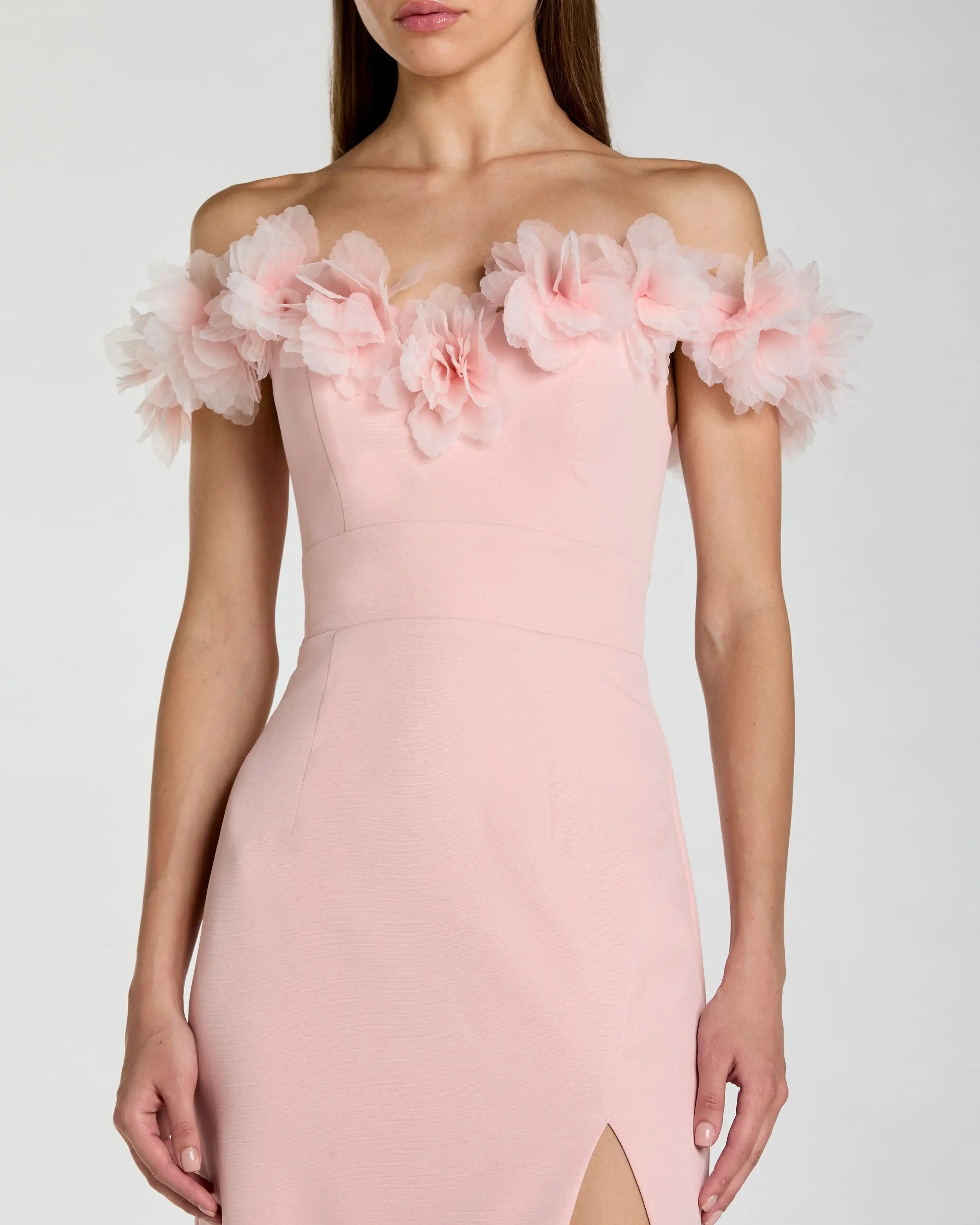 Pink Off The Shoulder Column Gown With 3D Flowers