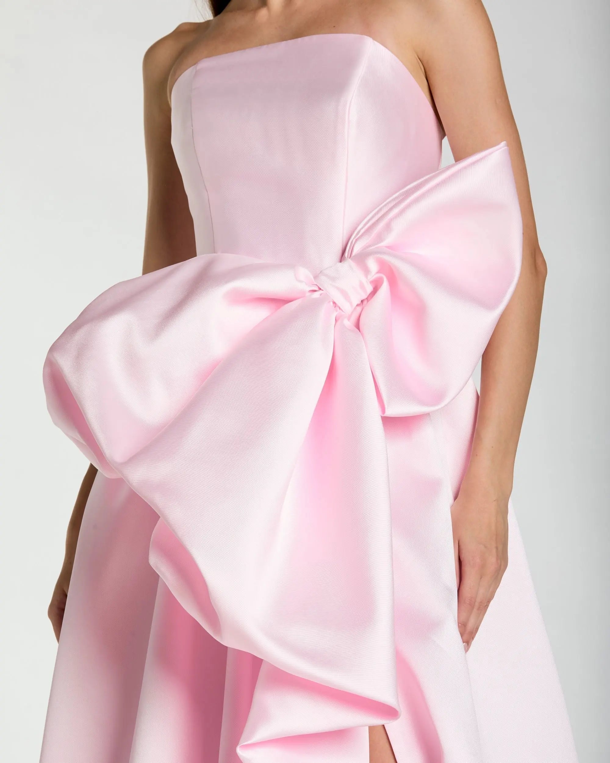 Light Pink Mikado Strapless Bubble Hem Ball Gown with Bow