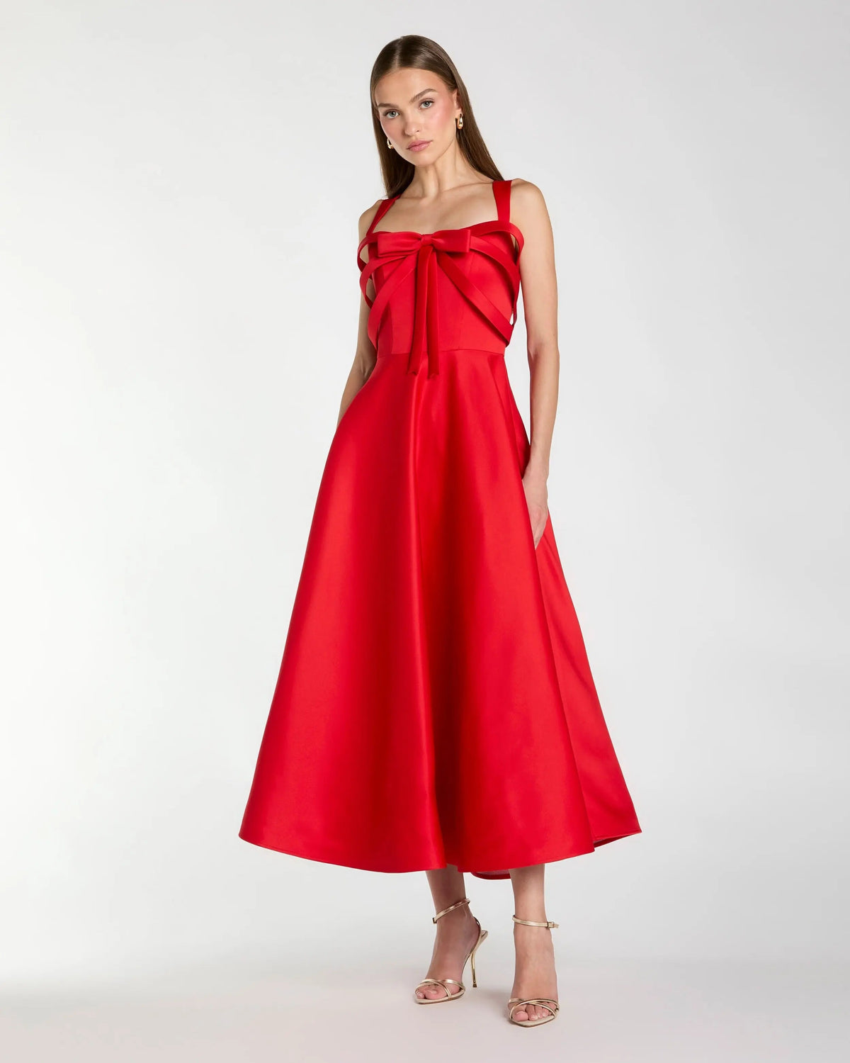 Red Satin Sleeveless A Line Midi Dress With Bow