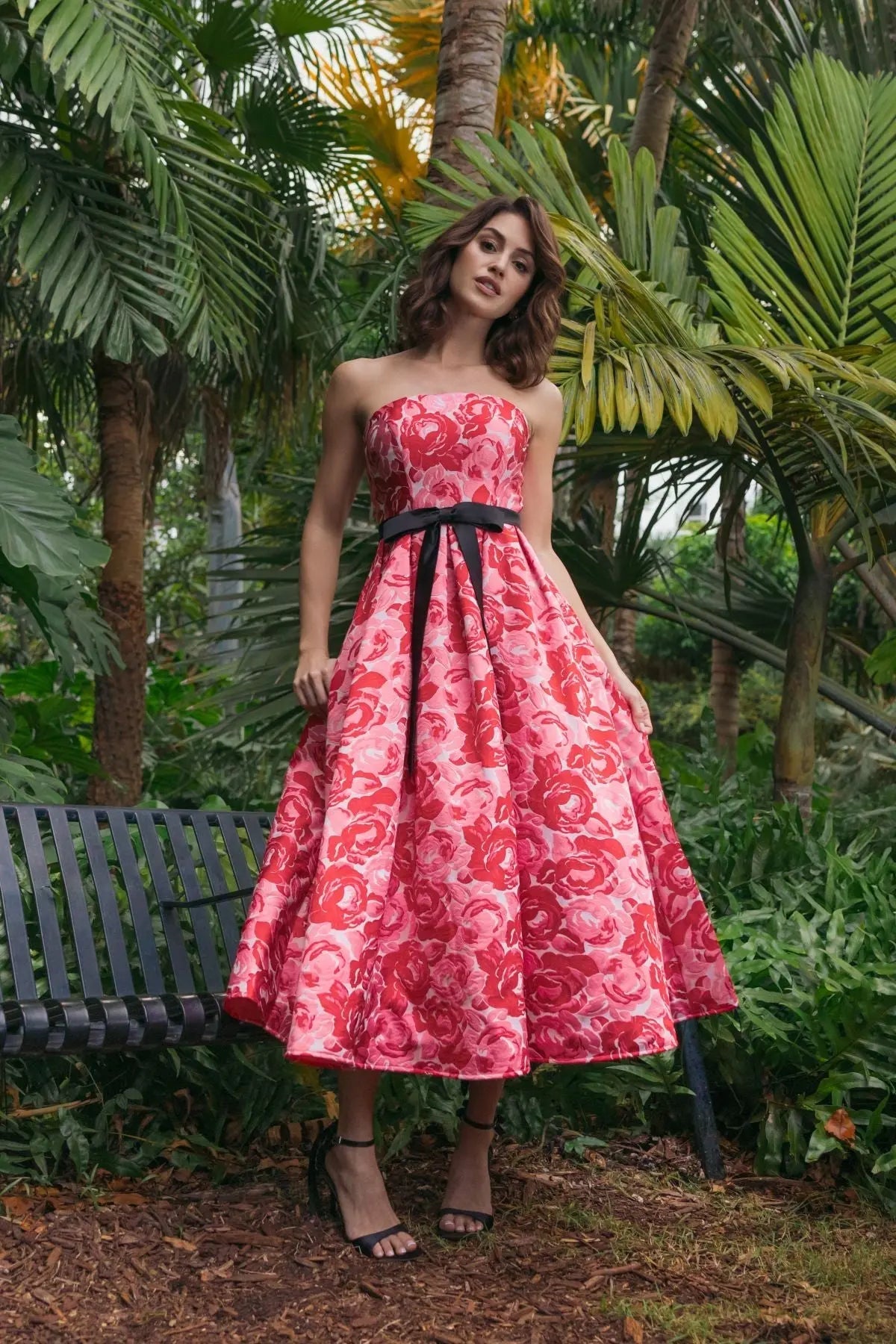 Red Strapless Brocade Midi Dress with Satin Bow